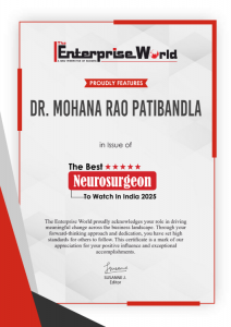 This official certificate from The Enterprise World magazine proudly features Dr. Mohana Rao Patibandla, Founder and Chief Neurosurgeon of Dr. Rao’s Hospital, Guntur, as “The Best Neurosurgeon to Watch in India 2025.” The certificate, signed by Editor Sus