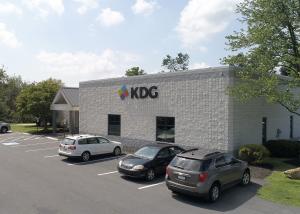 The KDG office in Allentown, PA showcasing the KDG logo on the facade of a white stone building.