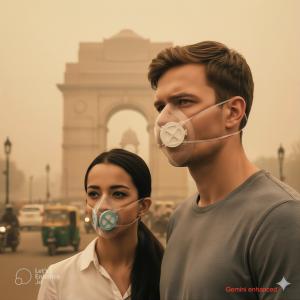 A man and a woman wearing Totobobo mask in front of the India Gate