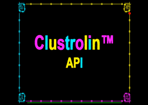Clustrolin API hero image displaying colorful DBSCAN-generated text animation with circuit board border featuring microchip icons at corners
