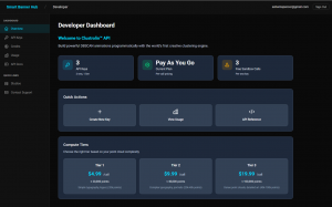 Smart Banner Hub Developer Dashboard interface displaying API keys, usage stats, quick actions, and tiered pricing for Clustrolin API