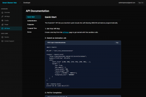 Smart Banner Hub API Documentation page displaying Quick Start instructions and Python code sample for POST request to Clustrolin animate endpoint