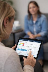 counselor looking at a tablet computer to see the data from the Orbiit platform as a client sits in the distance in a counseling session