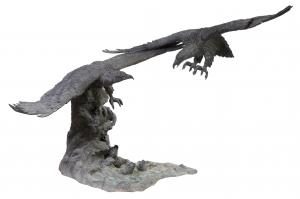 This impressive bronze fountain in the form of two eagles in flight sparring over fish, over a seafoam base, overall 82 inches tall by 108 inches wide, should realize $3,000-$6,000.