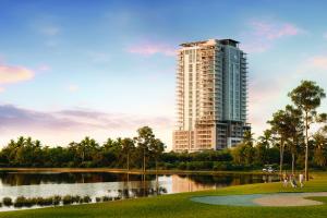 Island at West Bay tower rendering overlooking golf course