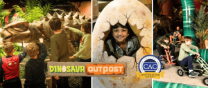 Children explore a dinosaur exhibit, interact with a dinosaur model, and pose inside a large dinosaur egg at the Dinosaur Outpost.