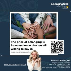 Belonging First branded graphic with stacked hands, the article title, a QR code, and Andrea Carter’s name and credentials.