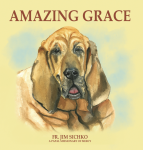 A book cover hand-painted in watercolor of a friendly bloodhound dog, featuring the title of the book, Amazing Grace