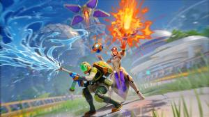 Two colourful characters stand outside, one blasting water from a hydroponics gun, the other shooting flame from her hand.