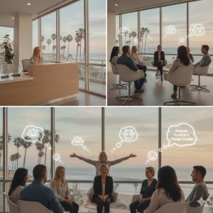 Bright outpatient mental health office with a welcoming reception area overlooking the Southern California coastline, representing access to anxiety treatment services.