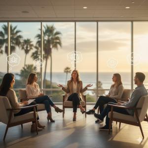 Small group participating in outpatient anxiety therapy with a licensed facilitator in a modern Orange County mental health treatment space.