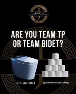 Are bidets better than toilet paper? Polls point to yes!  Install your Bidet in Franklin Tennessee today with Jesom Electrical and Plumbing