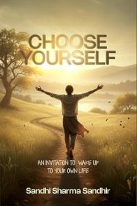 A woman walks on a path, expressing joy with her arms outreached on the cover of the book titled: Choose Yourself.