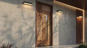 Real wood entry door manufactured by US Door & More with Doma’s embedded intelligence integrated invisibly into the door structure.