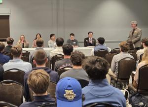 Mamta Chaurdia and Karan Mishra of StitchStudio at a careers in insurance panel at Marquette University.