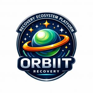 rounded yellow and blue plant scene with stars on a dark blue background and ORBIIT prominently featured with addiction recovery ecosystem on a rounded banner on the top of the logo