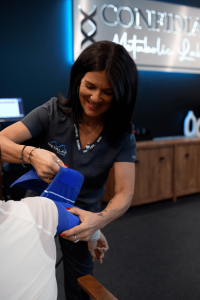 MetaLab technician prepares a patient for non-invasive Autonomic Nervous System and Pulse Wave Analysis testing to assess arterial stiffness and cardiovascular health.