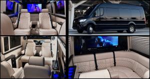 Interior of a Nashville Sprinter Jet limo by LuxNashRide featuring luxury seating and entertainment