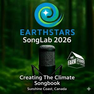 EarthSTARS SongLAB 2026 logo featuring a studio microphone set against a forest background, representing a climate-focused music project on Canada’s Sunshine Coast.”