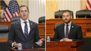 Representatives ROBERT MENENDEZ (D-NJ), left, and RAUL RUIZ (D-CA) addressing House briefing on Iran on 16 December 2025