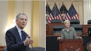 Representatives FRENCH HILL (R-AR), left, and DEBORAH ROSS (D-NC) addressing House briefing on Iran on 16 December 2025