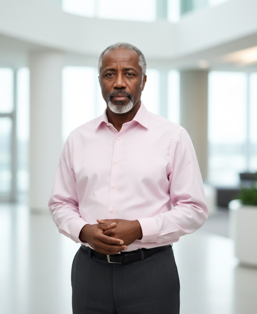 Chukwudum Ikeazor, former Scotland Yard detective and strategic leadership advisor, standing in professional office setting