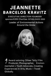Jeannette Barcelos Kravitz is a white adult female with silver hair and this photo outlines her work as an EXECUTIVE DIRECTOR FOUNDER sponsorKIDS Charities ESTABLISHED 2000 Leader of Environmental Actions Around the Globe