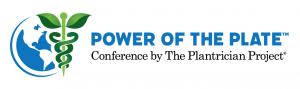 Power Of The Plate - Conference Presented by The Plantrician Project - in light blue text with an icon of a blue globe outline with a green caduceus to the right, with leaves at the top
