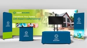 A backwall, counter, banner stand, table with cover, and and monitor stand all branded cohesively.