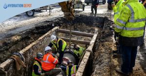 Utility workers in high visibility safety gear stand inside and around a deep excavation in Waterbury Connecticut, repairing a large underground water pipe during the city’s water crisis while heavy equipment assists from above.