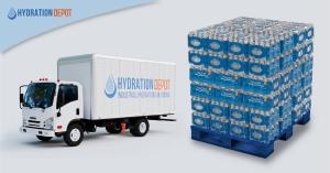 Hydration Depot delivery truck next to a full pallet of bottled water prepared for emergency distribution during the Waterbury Connecticut water crisis.