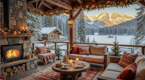 Cozy winter cabin porch with soft lighting, snow-covered trees, and mountains in the background, representing peace and reflection during the holidays.