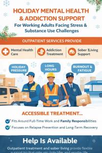 Illustrated infographic showing holiday mental health and addiction support for working adults, including outpatient treatment, sober living support, and stress related to long hours and burnout.
