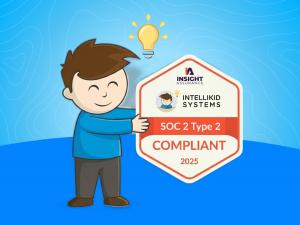 Illustration of a child holding an IntelliKid Systems SOC 2 Type II compliant badge for 2025, symbolizing data security and trust in childcare technology.