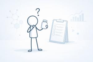 illustration of a stick-figure person holding a plain supplement bottle with a question mark above their head, standing beside a clipboard with a survey and simple geometric shapes in the background, representing confusion about supplement labels and a su