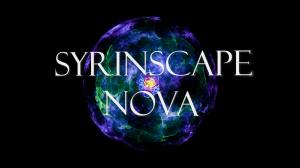 Logo for Syrinscape Nova. Text in front of an electric orb of purple and green energy. A glowing nucleus glows in the center of the orb.
