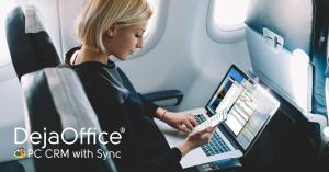 Sophistciated mobile professional using DejaOffice Sync on an Airplane