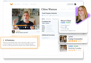 Image caption A volunteer candidate profile in WedgeHR, showing a recorded video response, AI-generated summary, and shared reviews across multiple youth program roles. Alt text Screenshot of WedgeHR showing a volunteer candidate named Chloe Watson apply