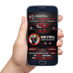 Digital Accelerant Video Business Card displayed on a smartphone for digital lead capture