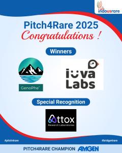 IndoUSrare announced GenoPhe Biotech Pvt Ltd and IUVA Labs as the winners of Pitch4RARE 2025.  Attox Research Laboratories received special recognition.