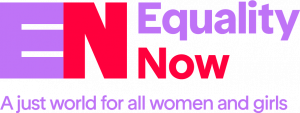Logo for Equality Now's Africa office; the logo is purple and red in colour, and says 'Equality Now, a just world for all women and girls'