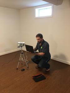 48-hour digital radon testing setup in a residential home in Montgomery County, Maryland.