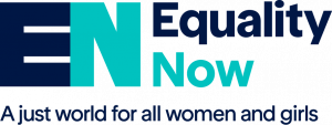 Equality Now logo for the Eurasian region. It says Equality Now,  a just world for all women and girls. The logo is coloured navy and teal.