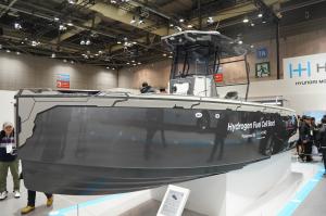KMCP's hydrogen fuel cell propulsion boat, EL-KUS, displayed at Hyundai Motor Group’s booth at World Hydrogen Expo 2025