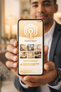 A modern, clean smartphone displaying a property report interface with photos and a health score, held by a diverse young professional in a bright apartment setting. Warm lighting, professional photography style, KeyGu gold accent colors (#FFD194, #D1913C