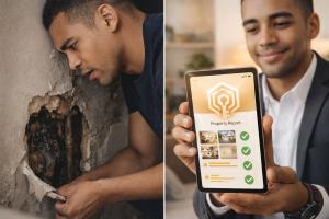 Split-screen comparison: Left side shows a concerned renter looking at hidden water damage behind a wall (dark, problematic). Right side shows the same renter confidently reviewing a digital property report on a tablet with green checkmarks (bright, optim