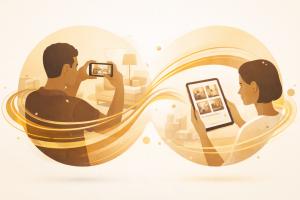 Abstract illustration showing a two-sided marketplace: On one side, a tenant taking photos of their apartment with a smartphone. On the other side, a prospective renter reviewing those photos on their device. Connected by flowing golden lines representing