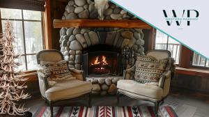Rustic Western living room decorated for a Cowboy Christmas with stone fireplace, cozy armchairs, patterned Western pillows, and warm holiday ambiance.