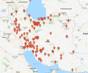 Map of Iran showing 171 cities where protest took place against the Iranian regime in November 2019