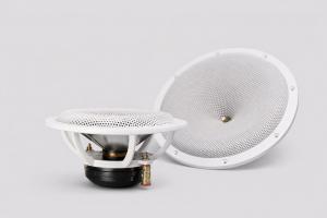 DC GOLD white waterproof marine speakers showing spiderless full-range driver design